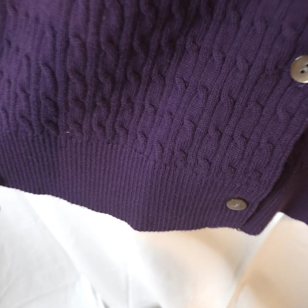 Lands' End Women's Pretty Deep Purple Button Up Cable Knit Cardigan Size L